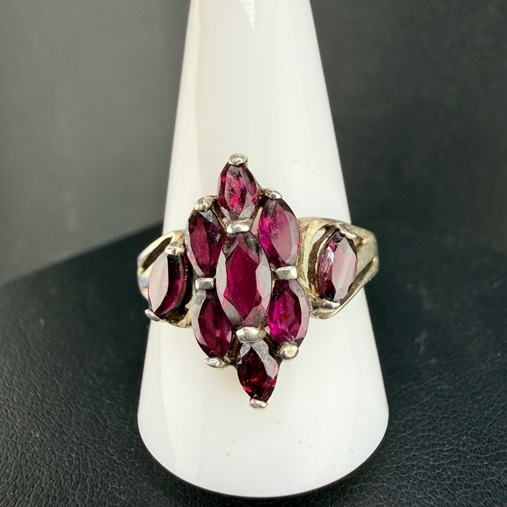 Vintage Avon Sterling Silver Ring Red Rhinestone‎ Cluster Statement 925 Size 11